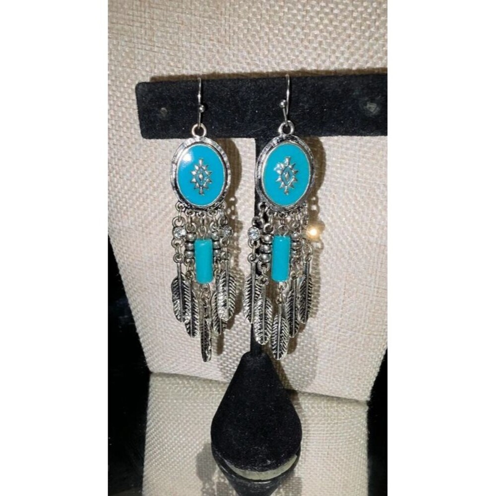 Southwestern Feather & Turquoise-Blue Bead Dangle Earrings